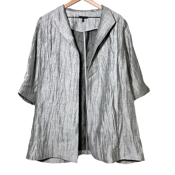 Eileen Fisher Silver/Gray Long-line open-front Linen Jaquard Jacket, Size L - Picture 1 of 4